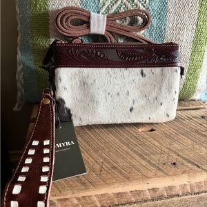 Myra Bag SPECKED BELT BAG CALF HAIR BROWN TOOLED LEATHER CROSSBODY WRISTLET